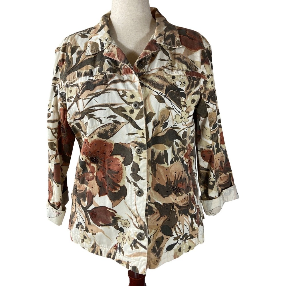 Chicos Spring Jacket Brown Floral Print with beading Size 18